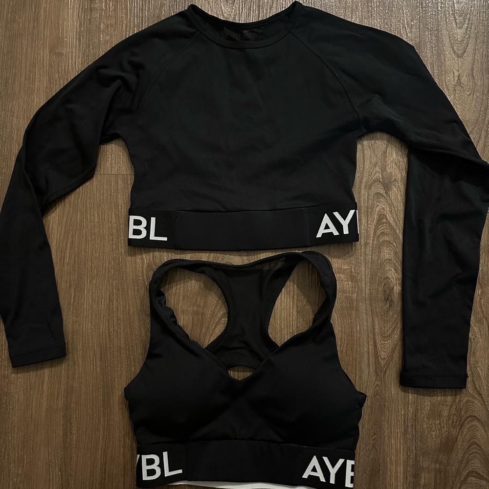 AYBL Black Long Sleeve Crop Top and Sports Bra Set